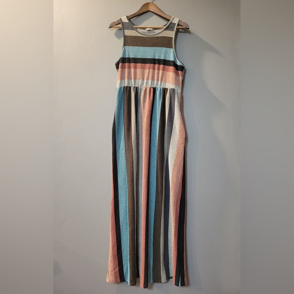 Egs California Multicolor Striped Sleeveless Maxi Dress w/ Pockets Womens Size L